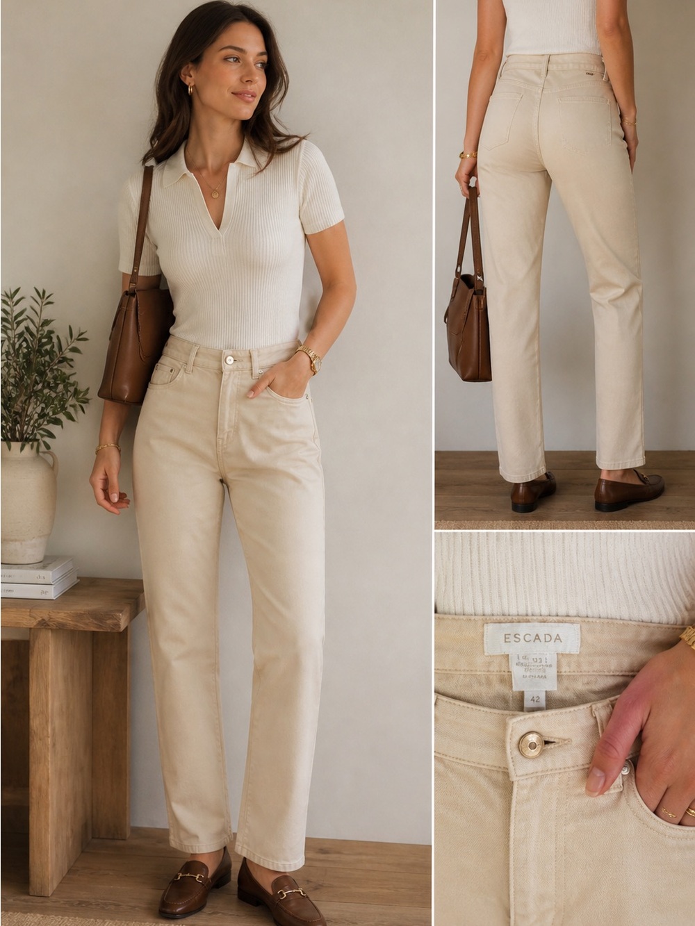 Escada Cream Stretch Cotton Pants EU 38 US 6 8 Designer Straight Leg 33” Inseam